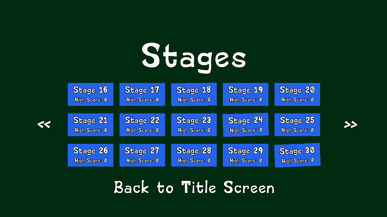A menu of different stages showing 15 stages each with a different highscore.