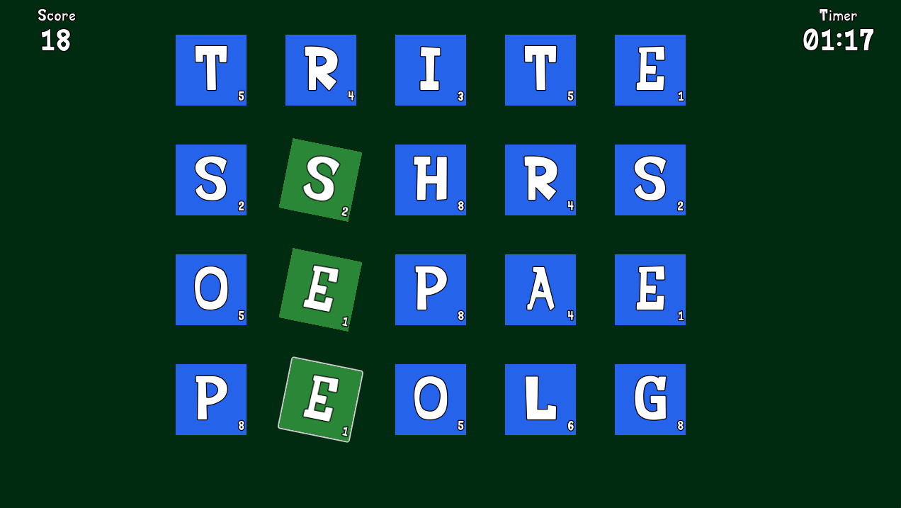 A grid of 20 letters with a timer counting down with a few letters highlighted.