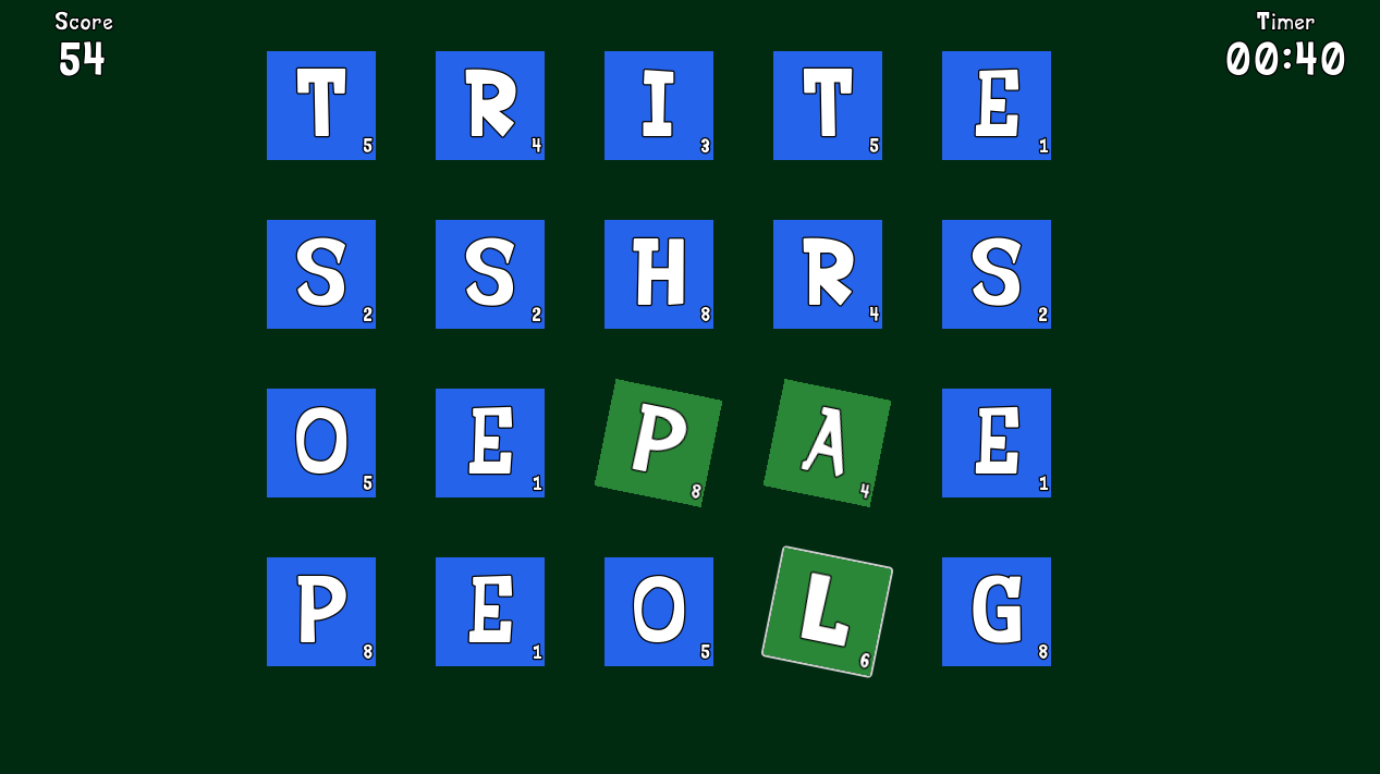 A grid of 20 letters with a timer counting down with a few letters highlighted.
